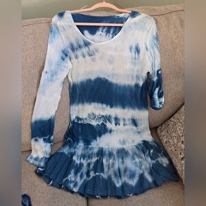 Blue Tie-Dye Women's Tunic Sleeve Top 3 Piece Set (Top, Tank & Scarf)